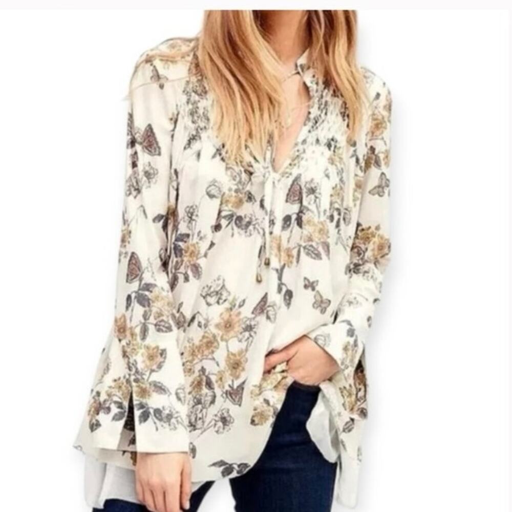 Free People Pebble Crepe So Fine Boho‎ Flowy Raw Hem Top Blouse Tunic Sz M